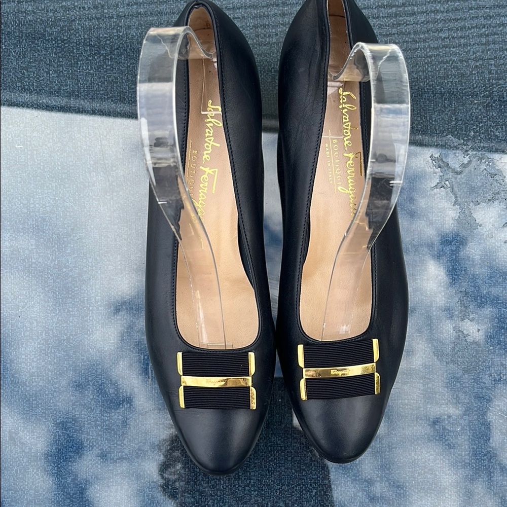 Salvatore Ferragamo Black Leather Flats with Gold Hardware